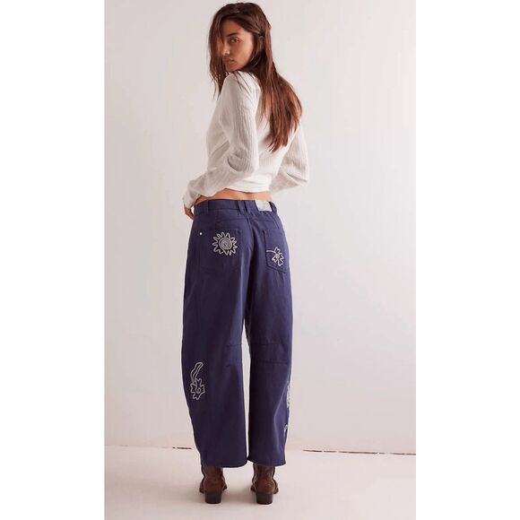 Free People Good Luck Soutache Barrel Jeans  Size 30 Mood Indigo NWT - Picture 2 of 4